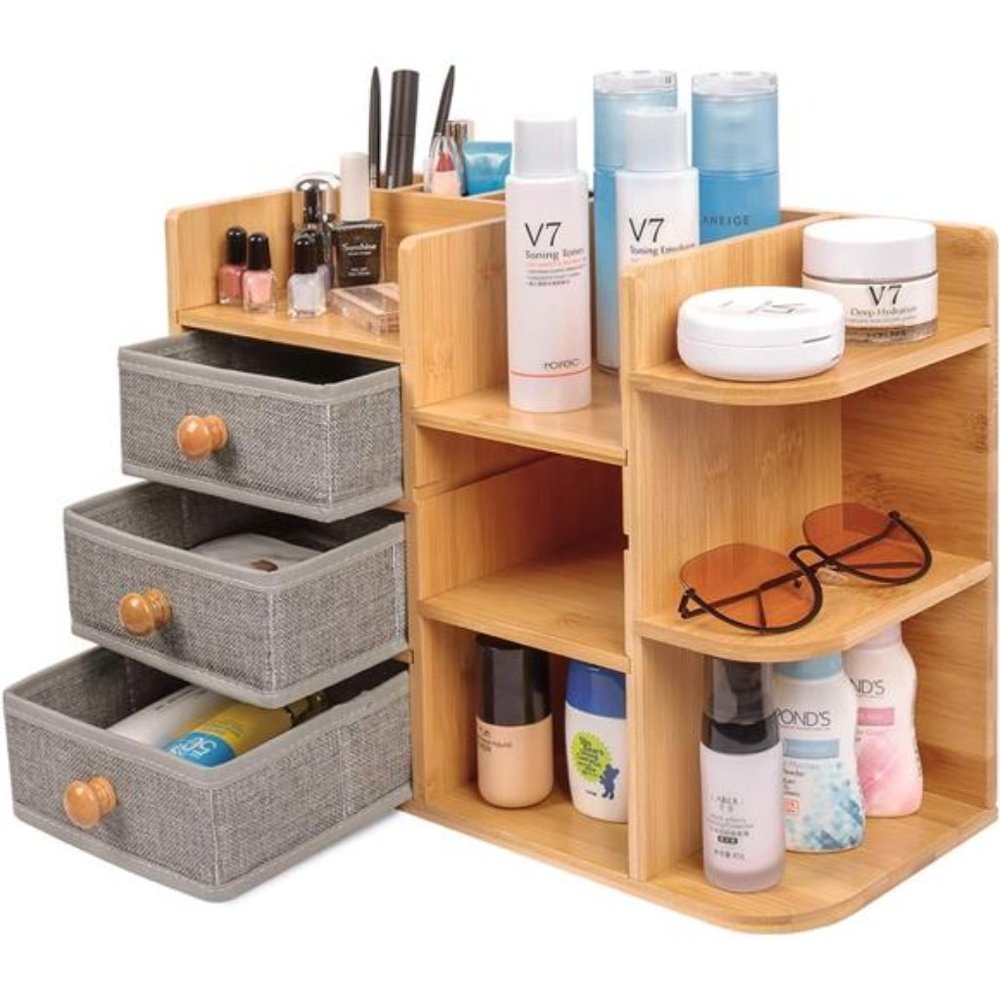Bamboo-Makeup-Organizer for Vanity, Multi-Function Wood Large Capacity Make up